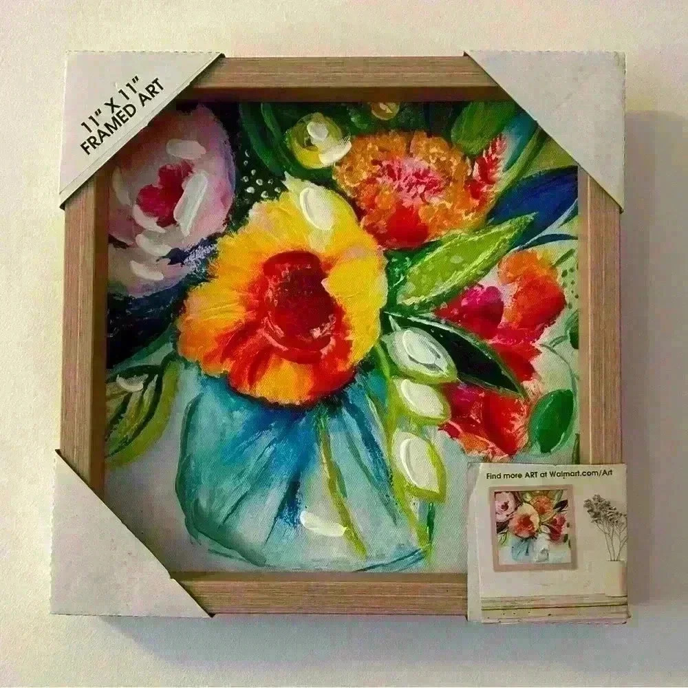 11x11 inch framed floral painted canvas